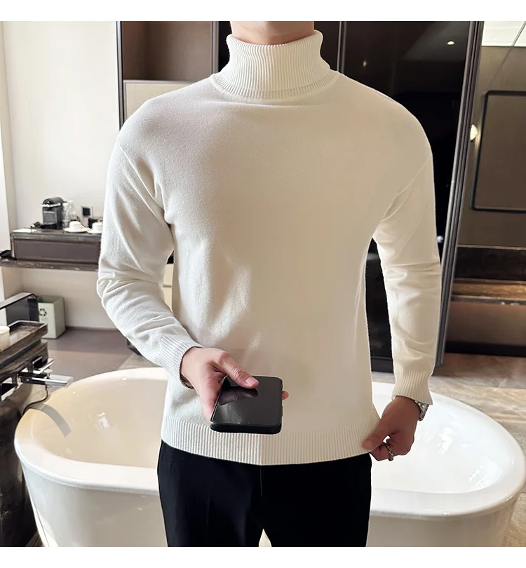 Korean Fashion Autumn Winter Sweaters Men Pullovers Fleece Turtleneck Knitted Sweatshirt Warm Bottoming Shirts
