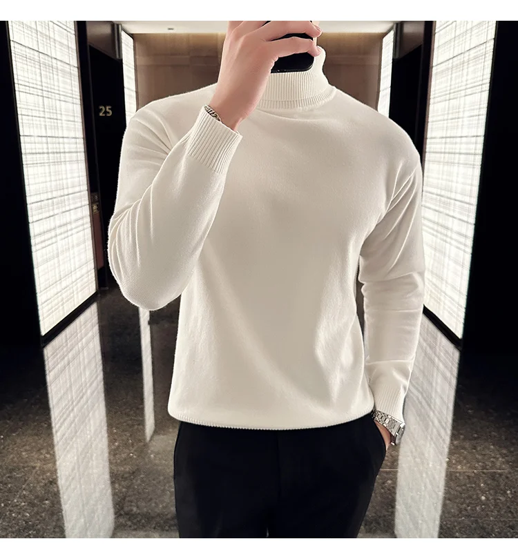 Korean Fashion Autumn Winter Sweaters Men Pullovers Fleece Turtleneck Knitted Sweatshirt Warm Bottoming Shirts
