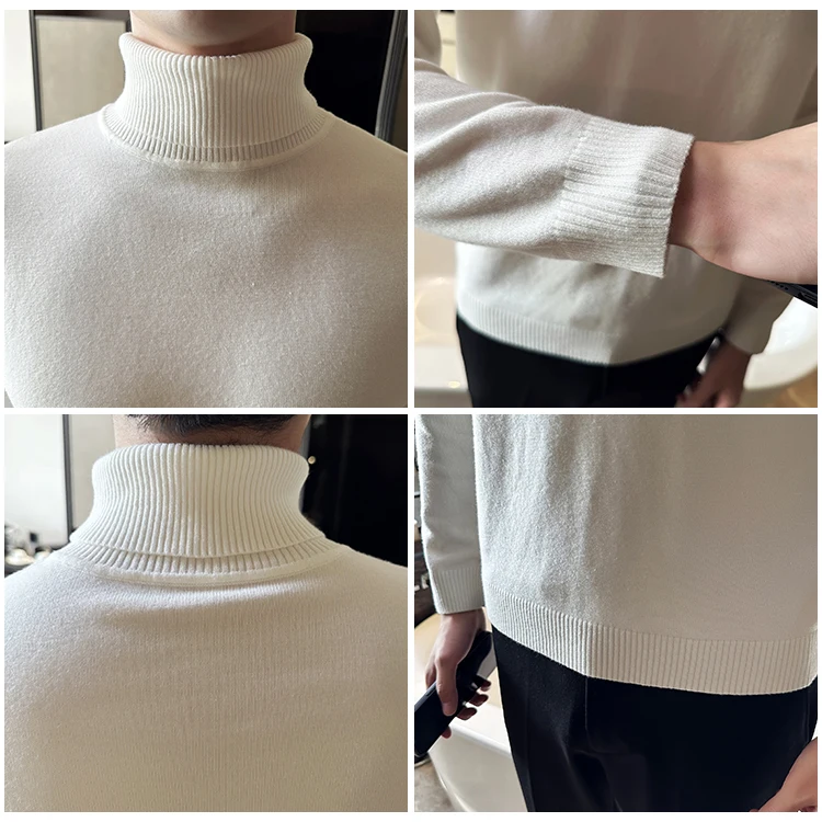 Korean Fashion Autumn Winter Sweaters Men Pullovers Fleece Turtleneck Knitted Sweatshirt Warm Bottoming Shirts