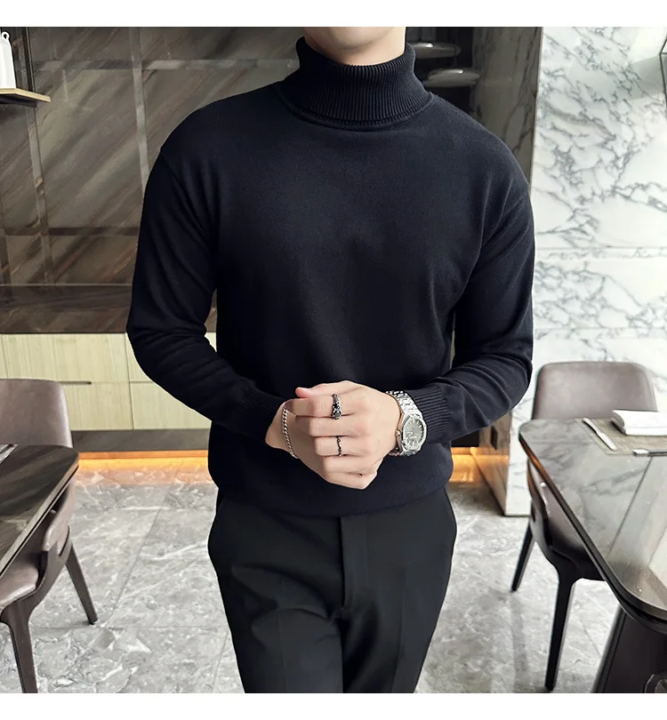Korean Fashion Autumn Winter Sweaters Men Pullovers Fleece Turtleneck Knitted Sweatshirt Warm Bottoming Shirts