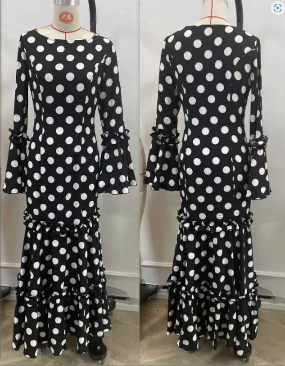 Elegant Ladies Dress Fashionable Trumpet Sleeves Polka Dot Decoration Cascading Ruffle Hem Sexy Fishtail Ladies Evening Dress