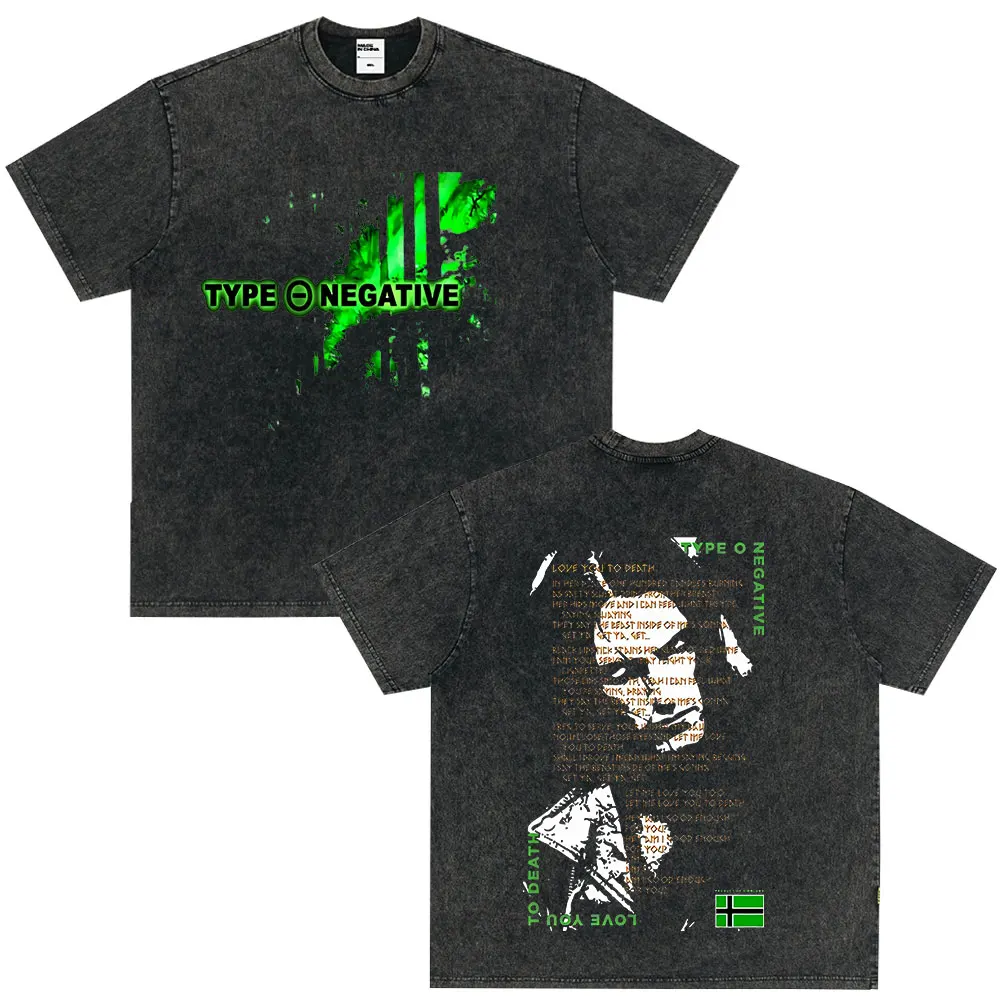 Rock Band Type O Negative The Green Man Vintage Washed T Shirt Gothic Metal Short Sleeve T-shirt Men's Vintage Hip Hop T Shirts
