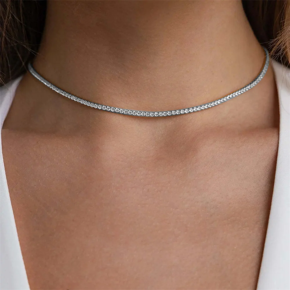 Dainty Tennis Chain Choker Necklace Female Gold Silver Color Stainless Steel Cubic Zirconia Neck Chains for Women Jewelry Gift