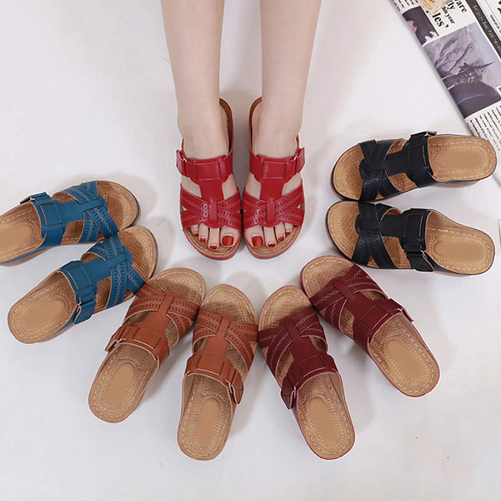 Women's Orthopedic Open Toe Sandals Anti-slip Breathable Solid Color Flats Clip Toe Sandals Suitable for Indoor Outdoor