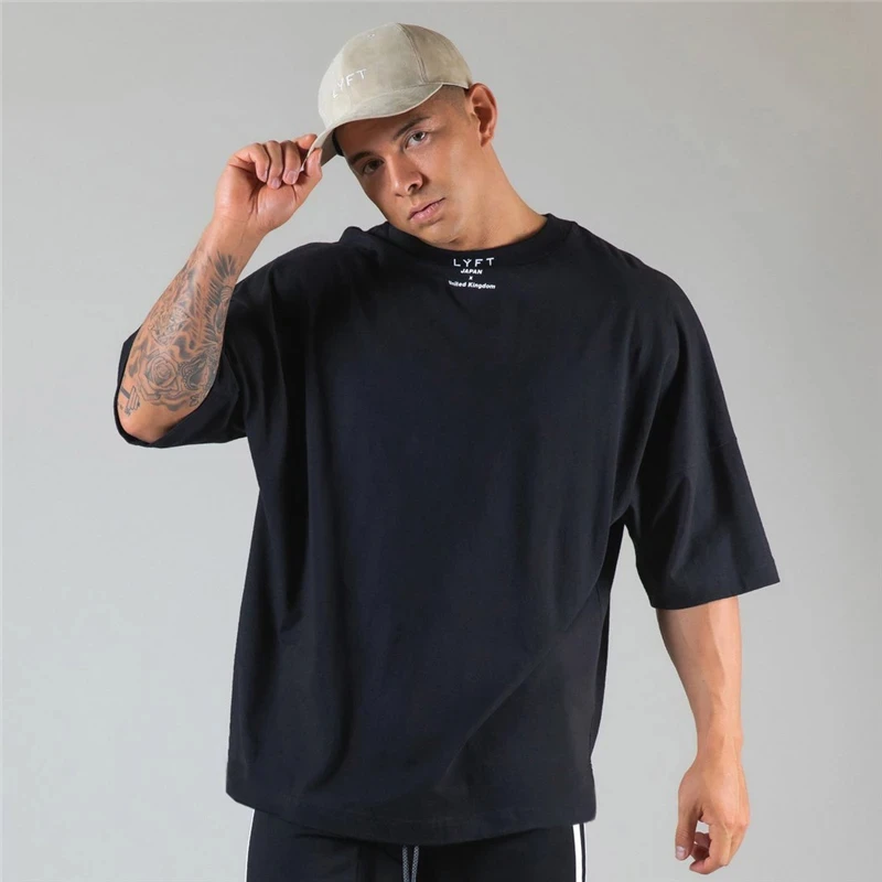JAPAN&UK Harajuku Gym Shirt Sport T Shirt Men Short Sleeve Running Shirt Men Workout Training Tees Fitness Loose Large Size Tops