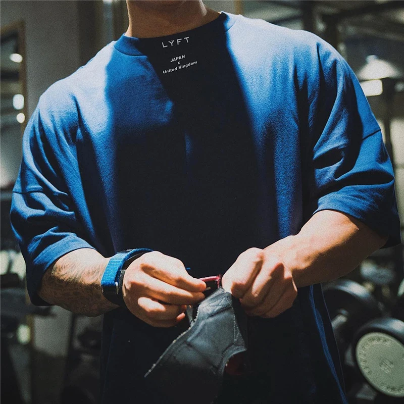 JAPAN&UK Harajuku Gym Shirt Sport T Shirt Men Short Sleeve Running Shirt Men Workout Training Tees Fitness Loose Large Size Tops