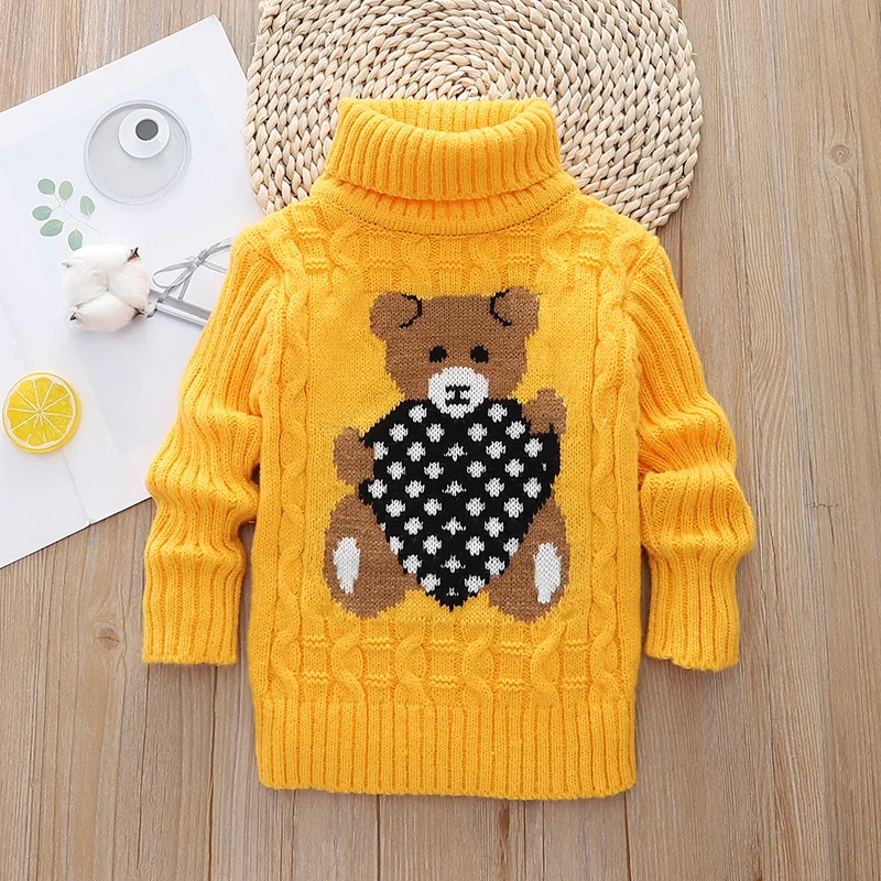 New Winter Keep Warm Girls Sweater Cartoon Bear Pattern High Neck Design Full Sleeve Knitted Shirt Children Birthday Present