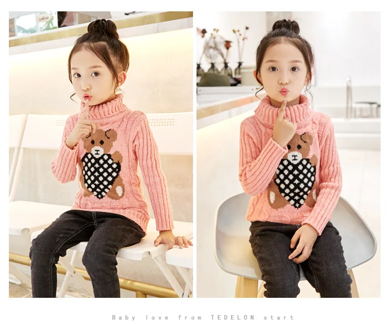 New Winter Keep Warm Girls Sweater Cartoon Bear Pattern High Neck Design Full Sleeve Knitted Shirt Children Birthday Present