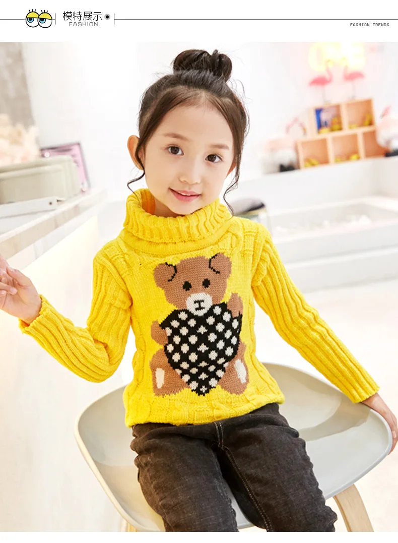 New Winter Keep Warm Girls Sweater Cartoon Bear Pattern High Neck Design Full Sleeve Knitted Shirt Children Birthday Present