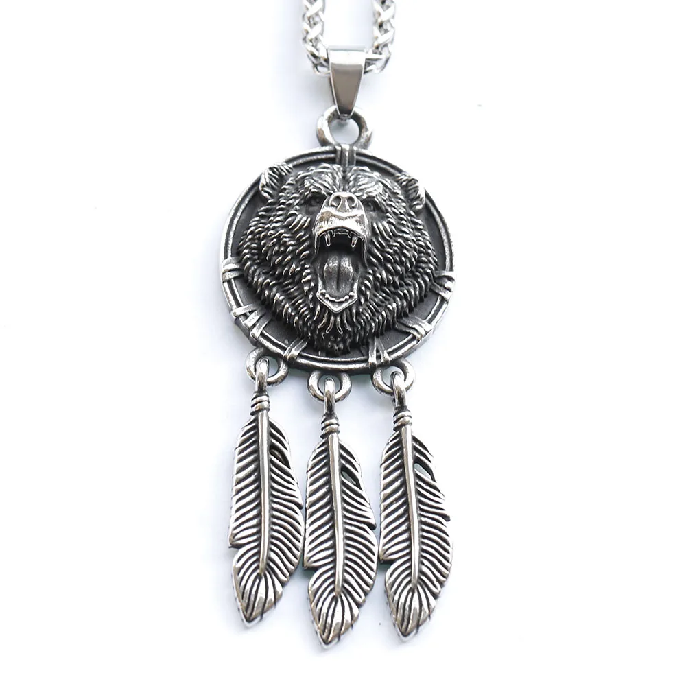 new stainless steel Amulet Viking Slavic God Symbol Warding Veles Bear Paw feather Pendant Necklace Jewelry