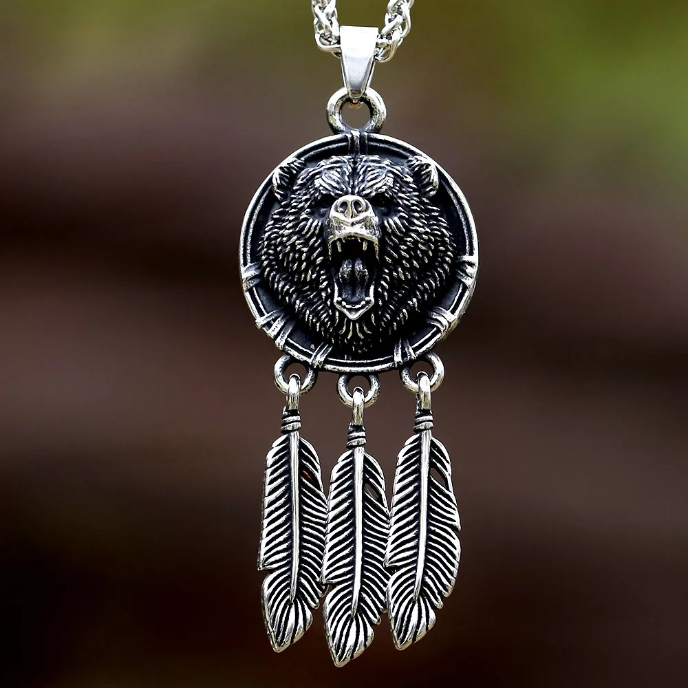 new stainless steel Amulet Viking Slavic God Symbol Warding Veles Bear Paw feather Pendant Necklace Jewelry