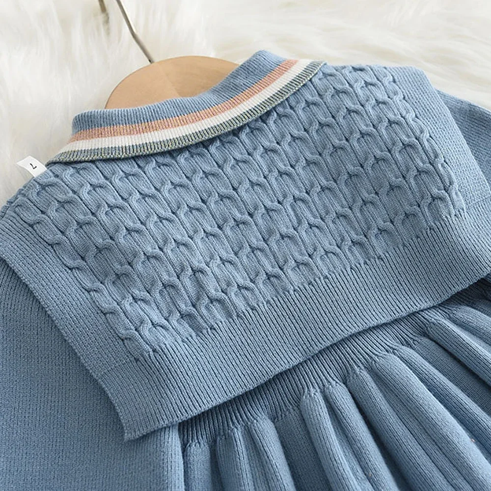 Bear Leader Kids Dresses for Girls Pearl Button Tricolor Striped Lapel Knit Skirt Winter College Style Children's Clothing