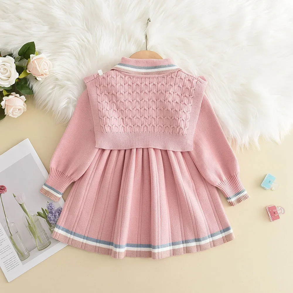 Bear Leader Kids Dresses for Girls Pearl Button Tricolor Striped Lapel Knit Skirt Winter College Style Children's Clothing