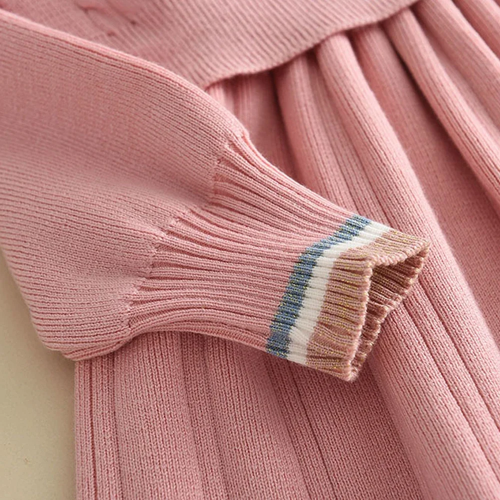 Bear Leader Kids Dresses for Girls Pearl Button Tricolor Striped Lapel Knit Skirt Winter College Style Children's Clothing