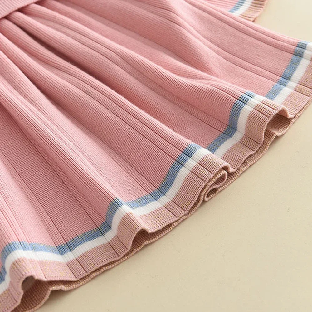 Bear Leader Kids Dresses for Girls Pearl Button Tricolor Striped Lapel Knit Skirt Winter College Style Children's Clothing