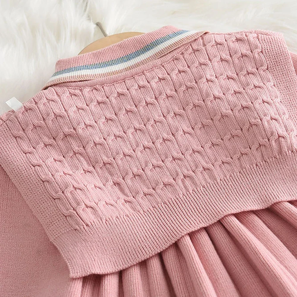 Bear Leader Kids Dresses for Girls Pearl Button Tricolor Striped Lapel Knit Skirt Winter College Style Children's Clothing