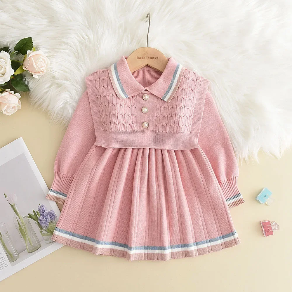 Bear Leader Kids Dresses for Girls Pearl Button Tricolor Striped Lapel Knit Skirt Winter College Style Children's Clothing