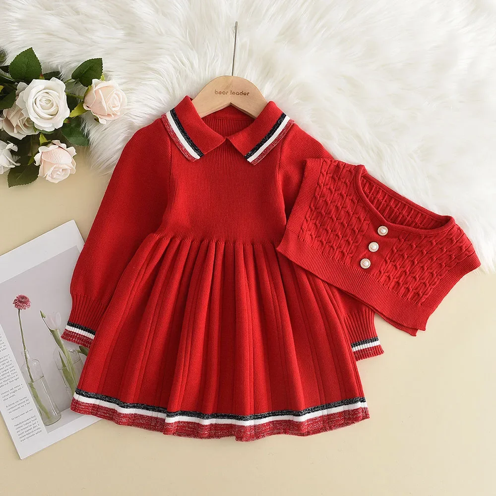 Bear Leader Kids Dresses for Girls Pearl Button Tricolor Striped Lapel Knit Skirt Winter College Style Children's Clothing
