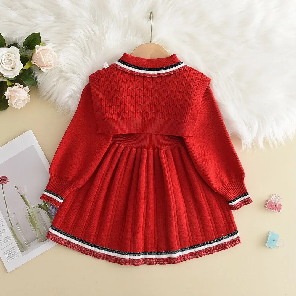 Bear Leader Kids Dresses for Girls Pearl Button Tricolor Striped Lapel Knit Skirt Winter College Style Children's Clothing