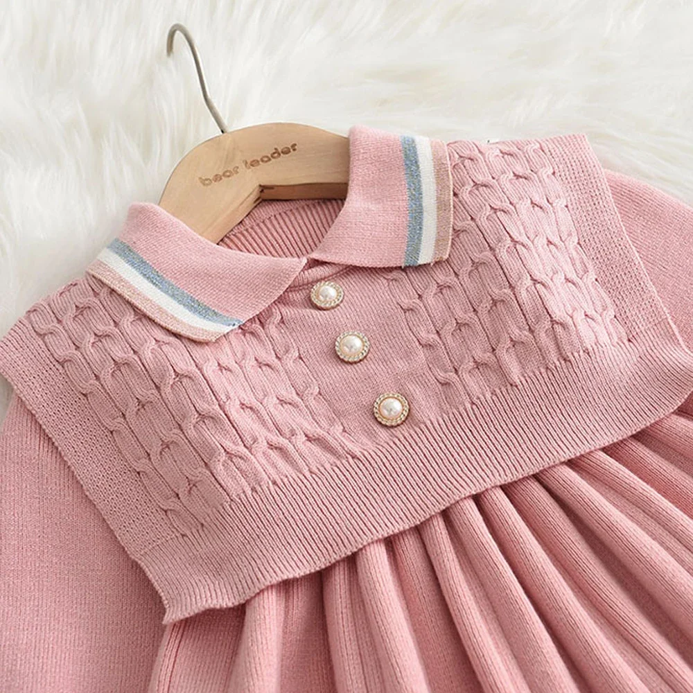 Bear Leader Kids Dresses for Girls Pearl Button Tricolor Striped Lapel Knit Skirt Winter College Style Children's Clothing