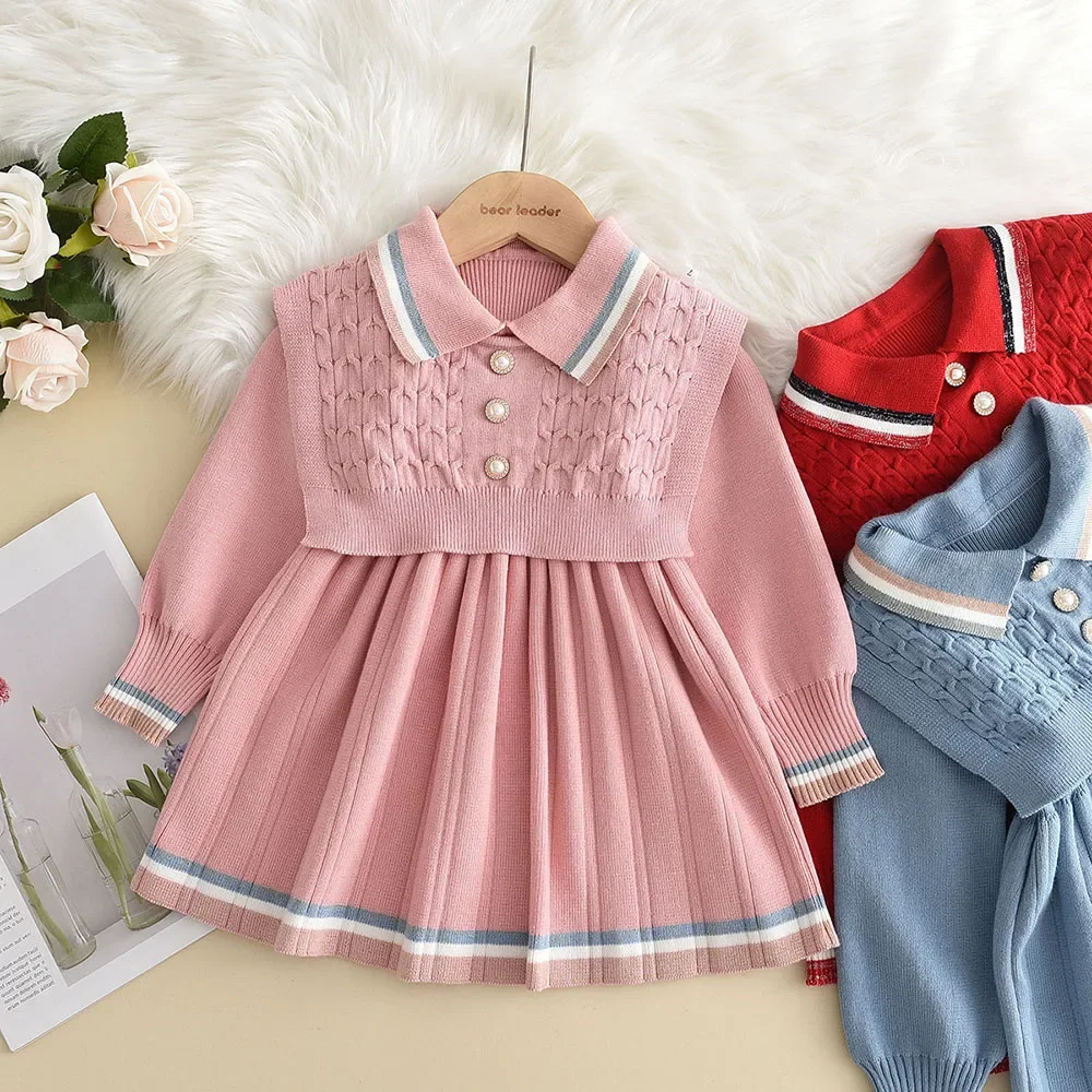 Bear Leader Kids Dresses for Girls Pearl Button Tricolor Striped Lapel Knit Skirt Winter College Style Children's Clothing