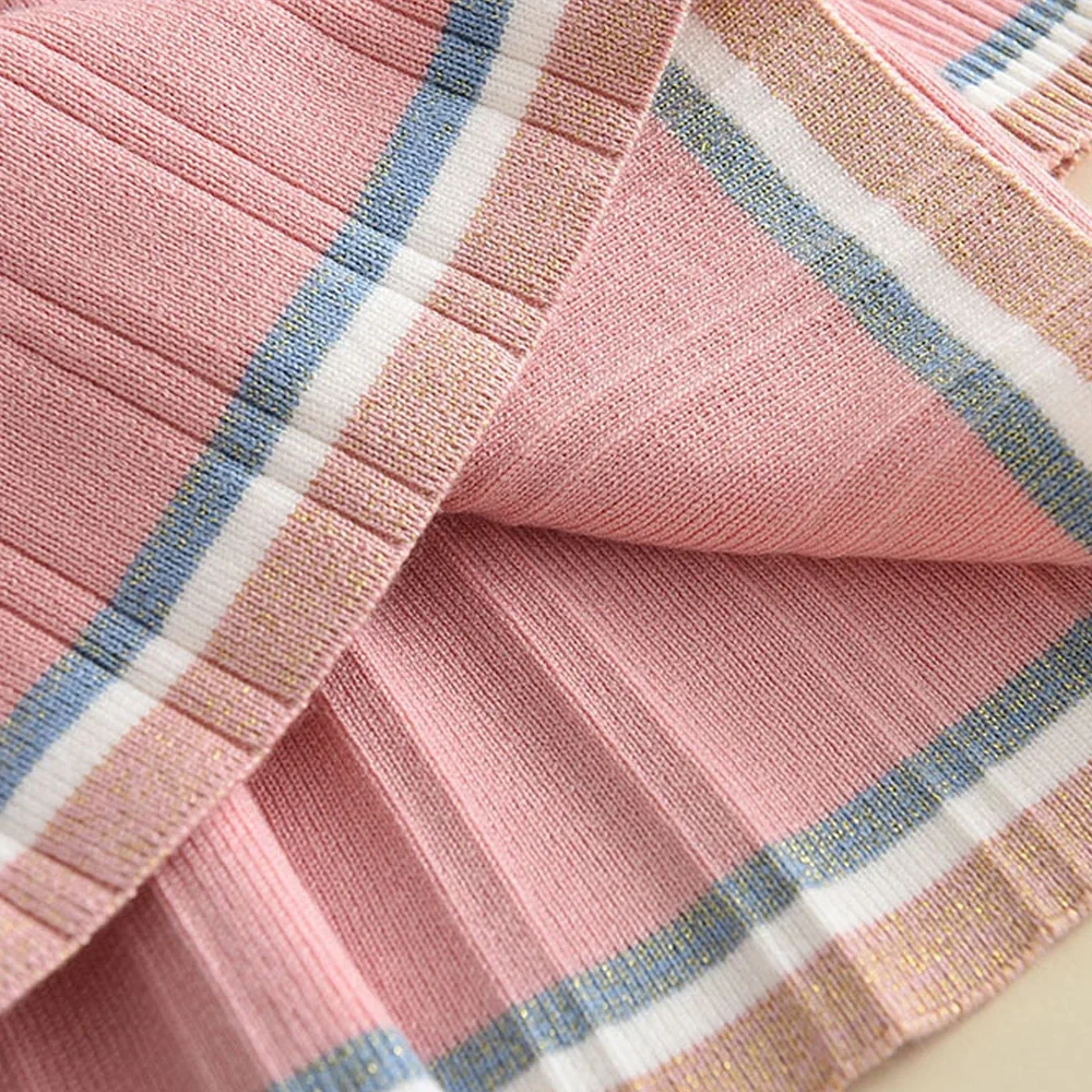 Bear Leader Kids Dresses for Girls Pearl Button Tricolor Striped Lapel Knit Skirt Winter College Style Children's Clothing