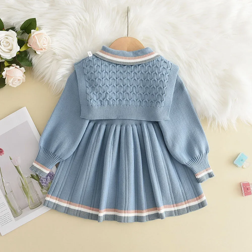 Bear Leader Kids Dresses for Girls Pearl Button Tricolor Striped Lapel Knit Skirt Winter College Style Children's Clothing