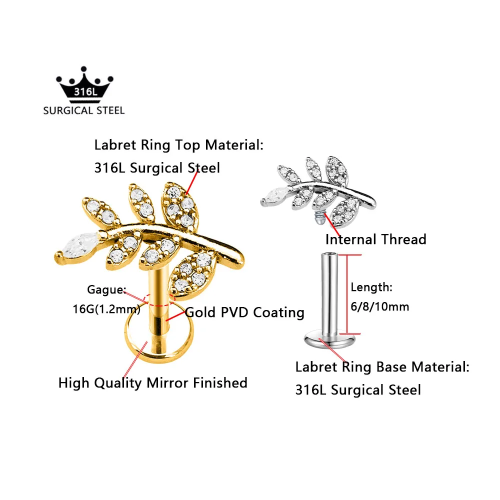 Branch Leaf Labret Piercing Internal Thread Flower Petals Lip Stud Daith Conch Earring Flat Back Jewelry 316L Surgical Steel 16G