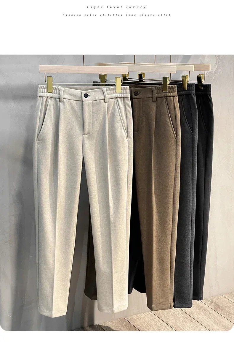 Autumn Winter Suit Pants Men Thick Business Elastic Waist Classic Grey Brown Woolen Straight Korean Formal Trousers Male 28-38