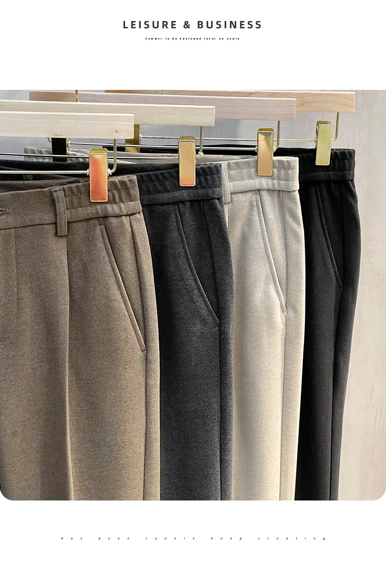 Autumn Winter Suit Pants Men Thick Business Elastic Waist Classic Grey Brown Woolen Straight Korean Formal Trousers Male 28-38