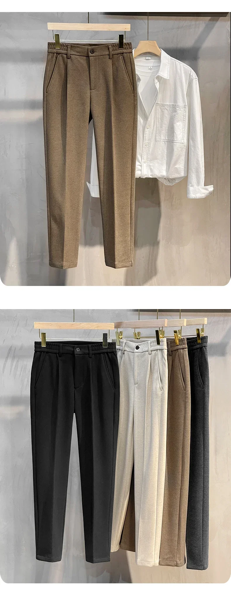 Autumn Winter Suit Pants Men Thick Business Elastic Waist Classic Grey Brown Woolen Straight Korean Formal Trousers Male 28-38