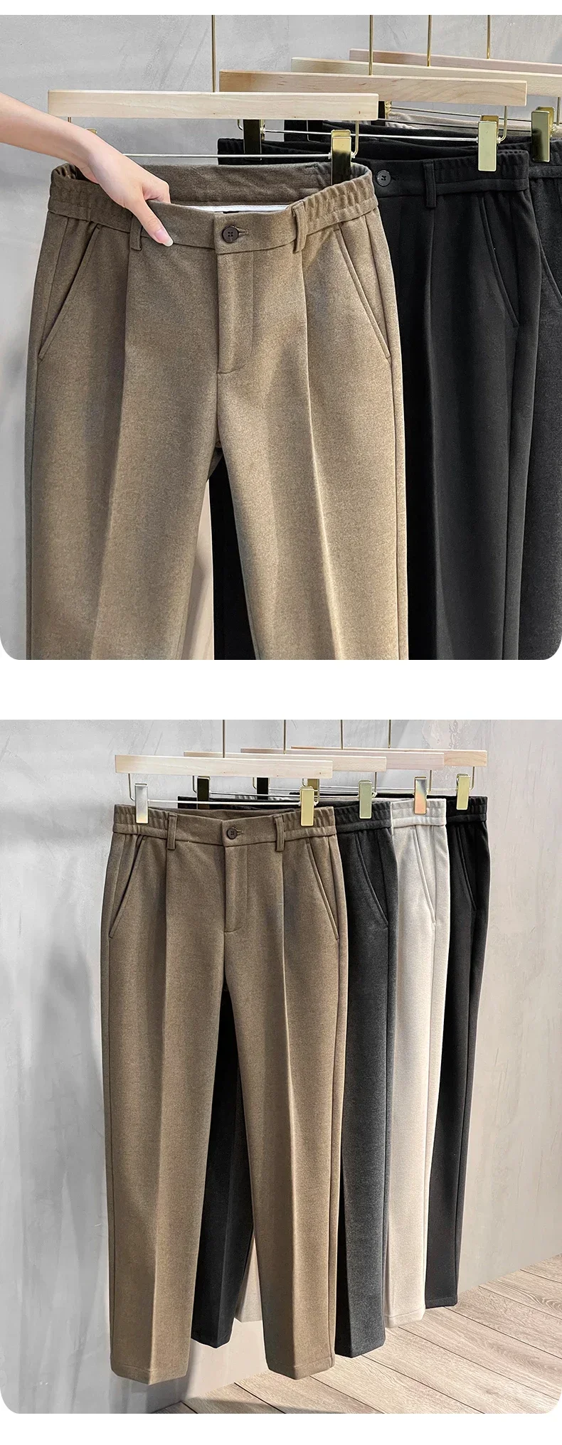 Autumn Winter Suit Pants Men Thick Business Elastic Waist Classic Grey Brown Woolen Straight Korean Formal Trousers Male 28-38