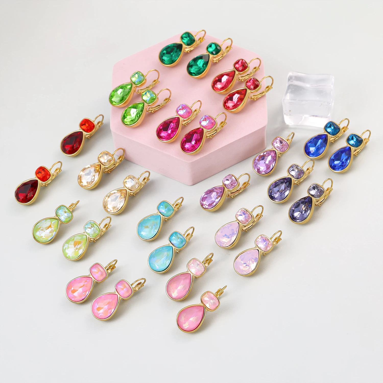 Stainless Steel Light Luxury Gold-Plated Teardrop Candy Color Stone Dangle Earrings Women Statement Delicate Bling Jewelry