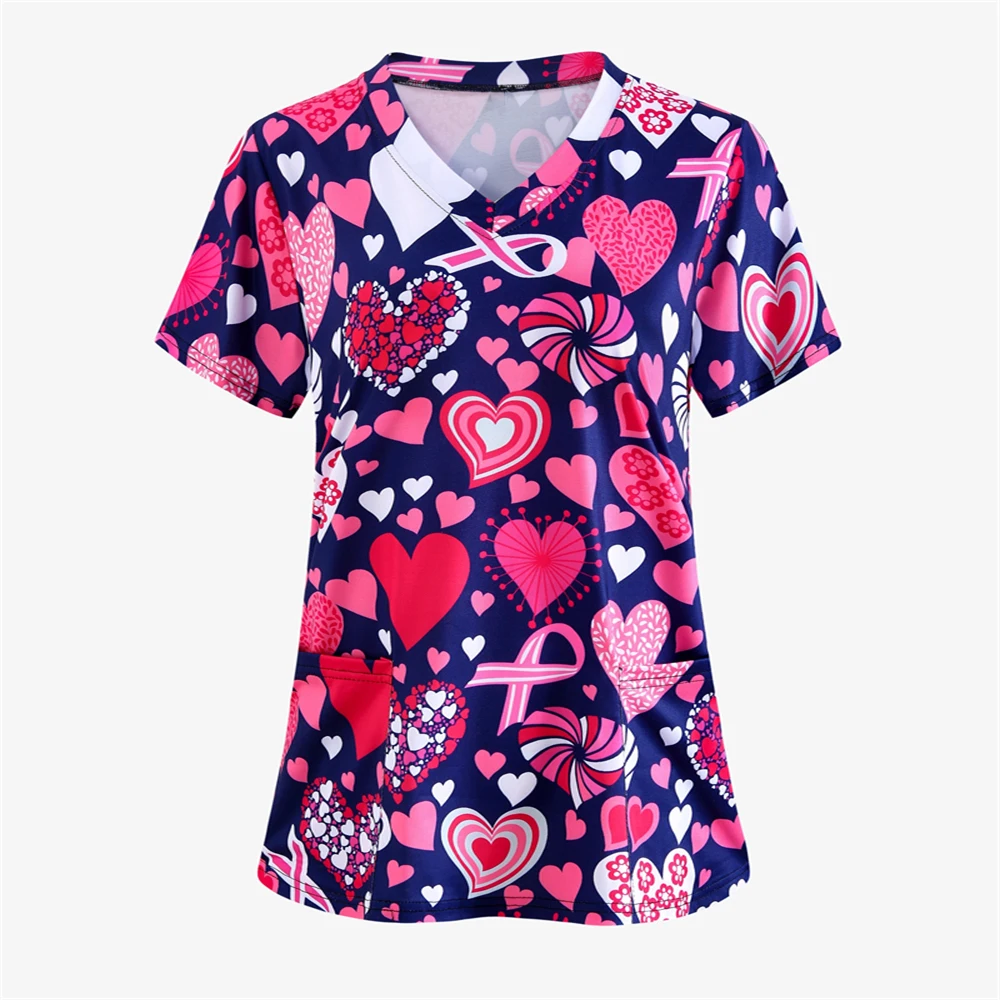 Uniforms Women Medical Elegant Heart Print Obstetrics Medico Top Fashion V-Neck Short Sleeve with Pocket Clinical Uniforms Woman