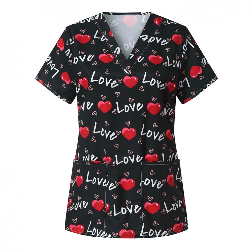 Uniforms Women Medical Elegant Heart Print Obstetrics Medico Top Fashion V-Neck Short Sleeve with Pocket Clinical Uniforms Woman