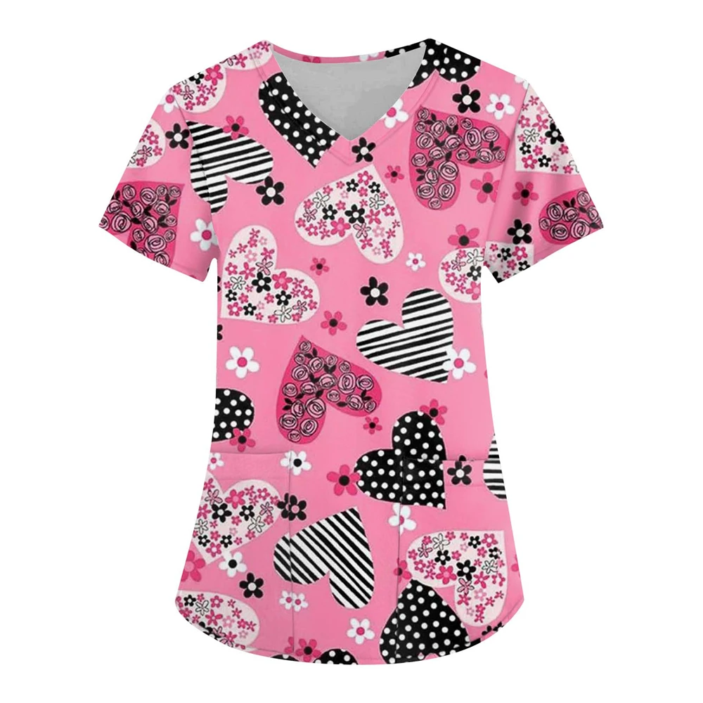 Uniforms Women Medical Elegant Heart Print Obstetrics Medico Top Fashion V-Neck Short Sleeve with Pocket Clinical Uniforms Woman