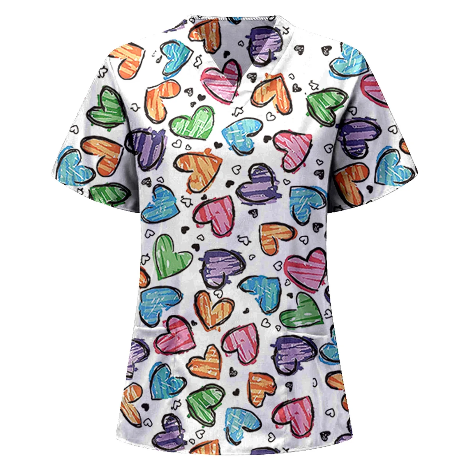 Uniforms Women Medical Elegant Heart Print Obstetrics Medico Top Fashion V-Neck Short Sleeve with Pocket Clinical Uniforms Woman