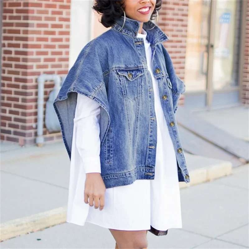 Fashion Shawl Sleeveless Denim Jacket Women Outerwear Female Vintage Lapel Single-breasted Cardigan Coat Casual Trend Streetwear