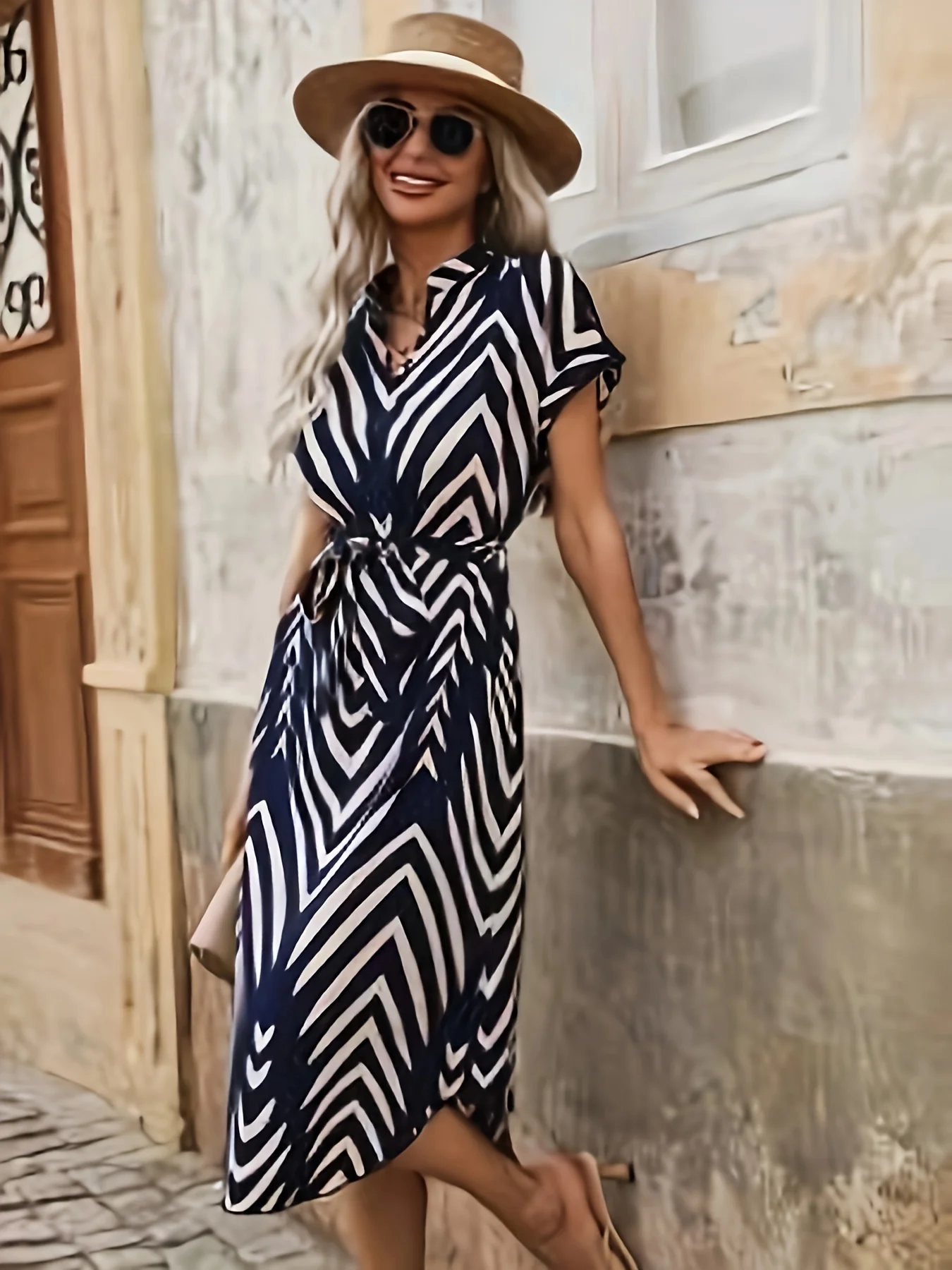 2024 Summer New Fashion Clothing Women's Elegant And Casual V-neck Short Sleeved Stripe Belt Comfortable Dress