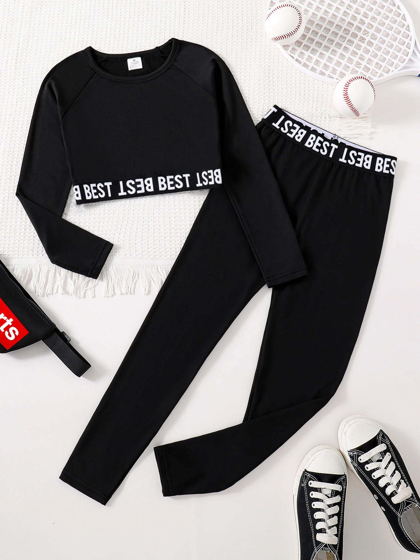 Children's clothing girls' fashion set with English printed round neck long sleeves and black slim fit pants 2-piece set