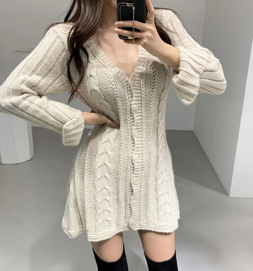 Sweater Dress for Women Long Sleeve Cable Knit Button Down Fitted Mini Dress Teen-girl Fall Winter Retro 90s Outfit