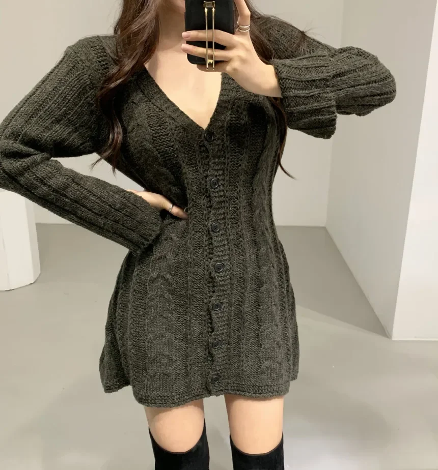Sweater Dress for Women Long Sleeve Cable Knit Button Down Fitted Mini Dress Teen-girl Fall Winter Retro 90s Outfit