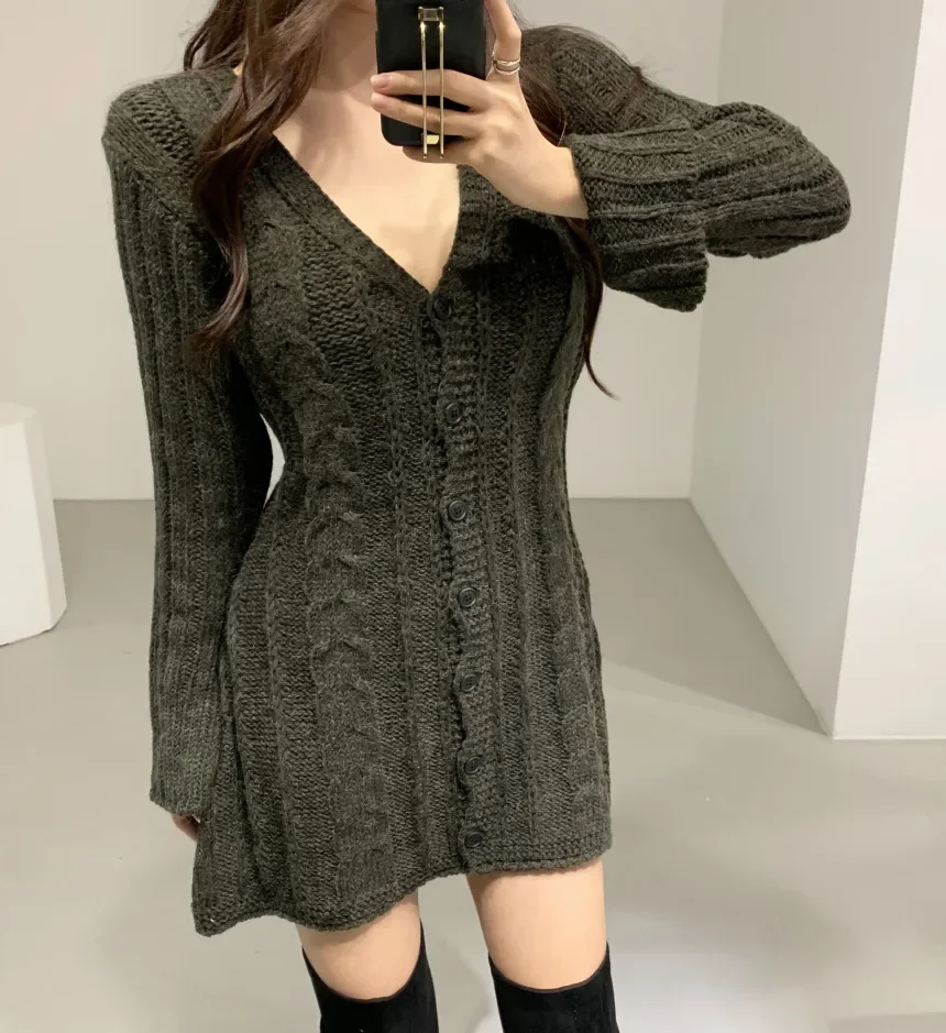 Sweater Dress for Women Long Sleeve Cable Knit Button Down Fitted Mini Dress Teen-girl Fall Winter Retro 90s Outfit