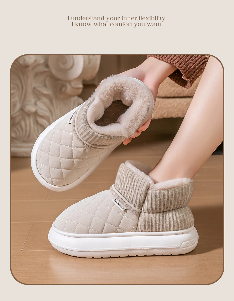 Winter Warm Snow Boots Unisex Thick Platform 4.0CM Quilted Plush Lined Non-Slip Indoor Outdoor Casual Cotton Shoes