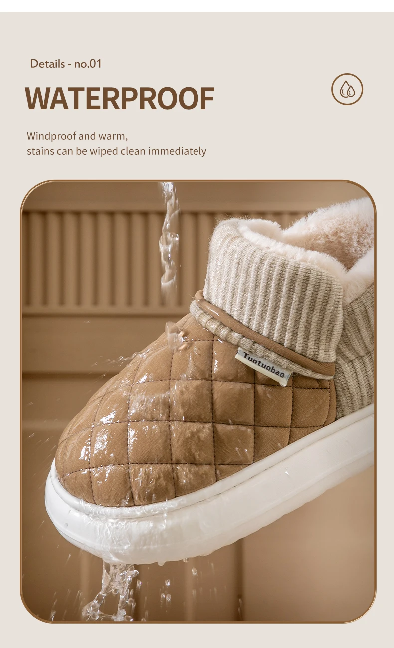 Winter Warm Snow Boots Unisex Thick Platform 4.0CM Quilted Plush Lined Non-Slip Indoor Outdoor Casual Cotton Shoes