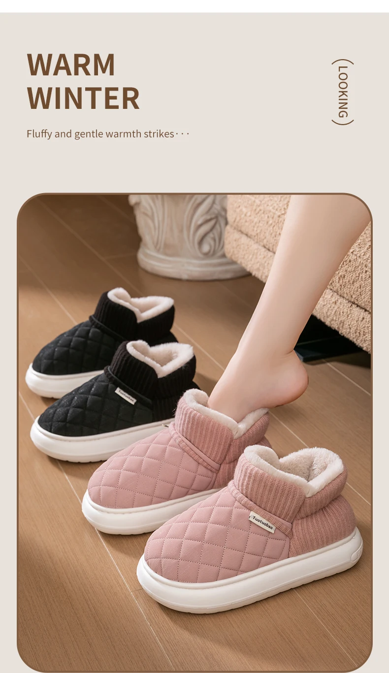 Winter Warm Snow Boots Unisex Thick Platform 4.0CM Quilted Plush Lined Non-Slip Indoor Outdoor Casual Cotton Shoes