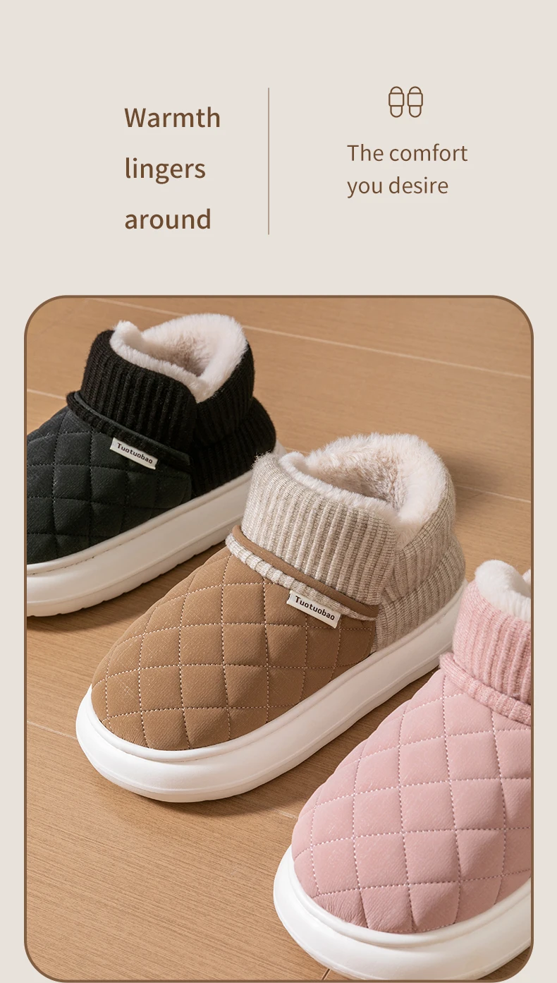 Winter Warm Snow Boots Unisex Thick Platform 4.0CM Quilted Plush Lined Non-Slip Indoor Outdoor Casual Cotton Shoes