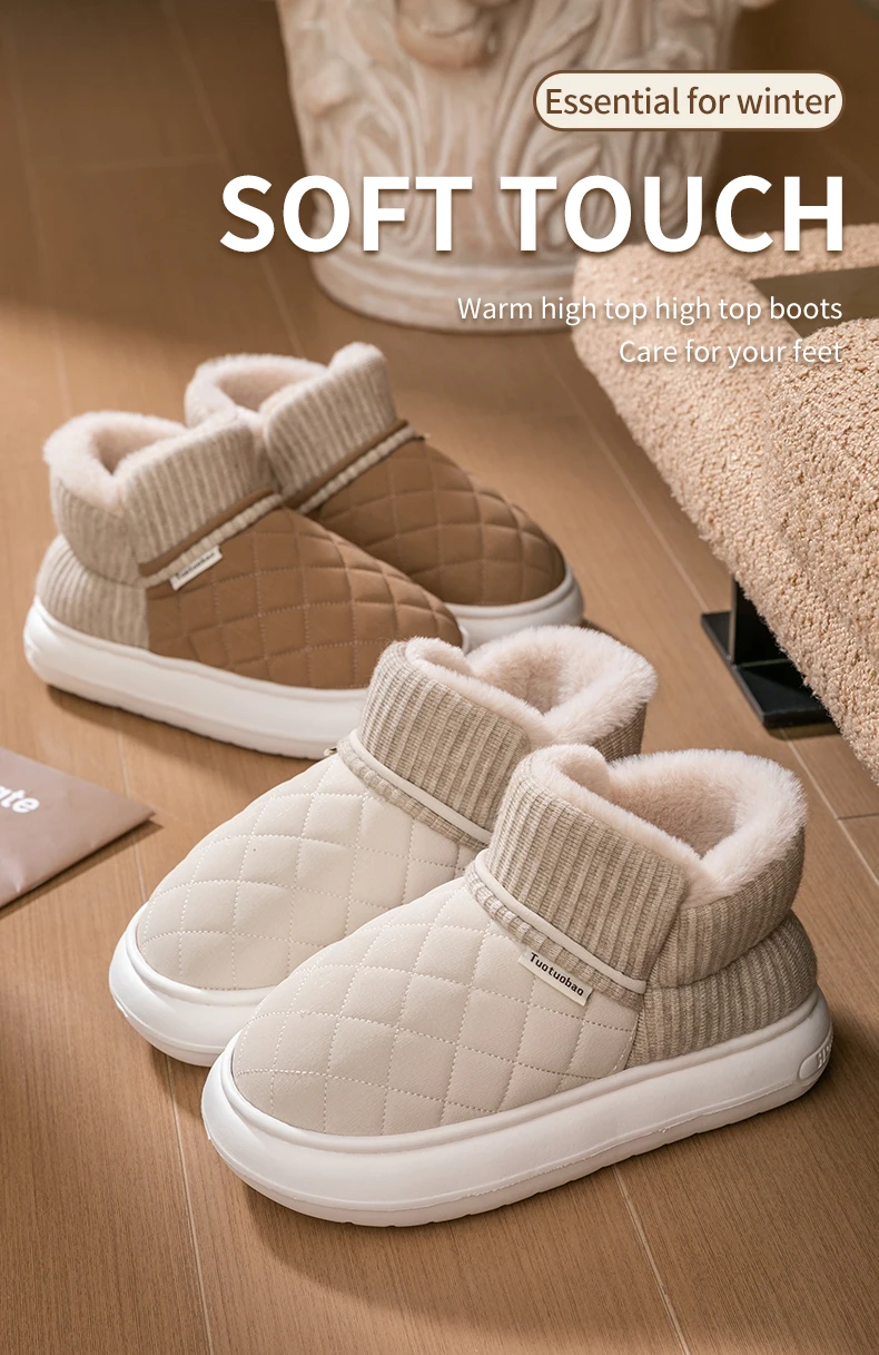 Winter Warm Snow Boots Unisex Thick Platform 4.0CM Quilted Plush Lined Non-Slip Indoor Outdoor Casual Cotton Shoes