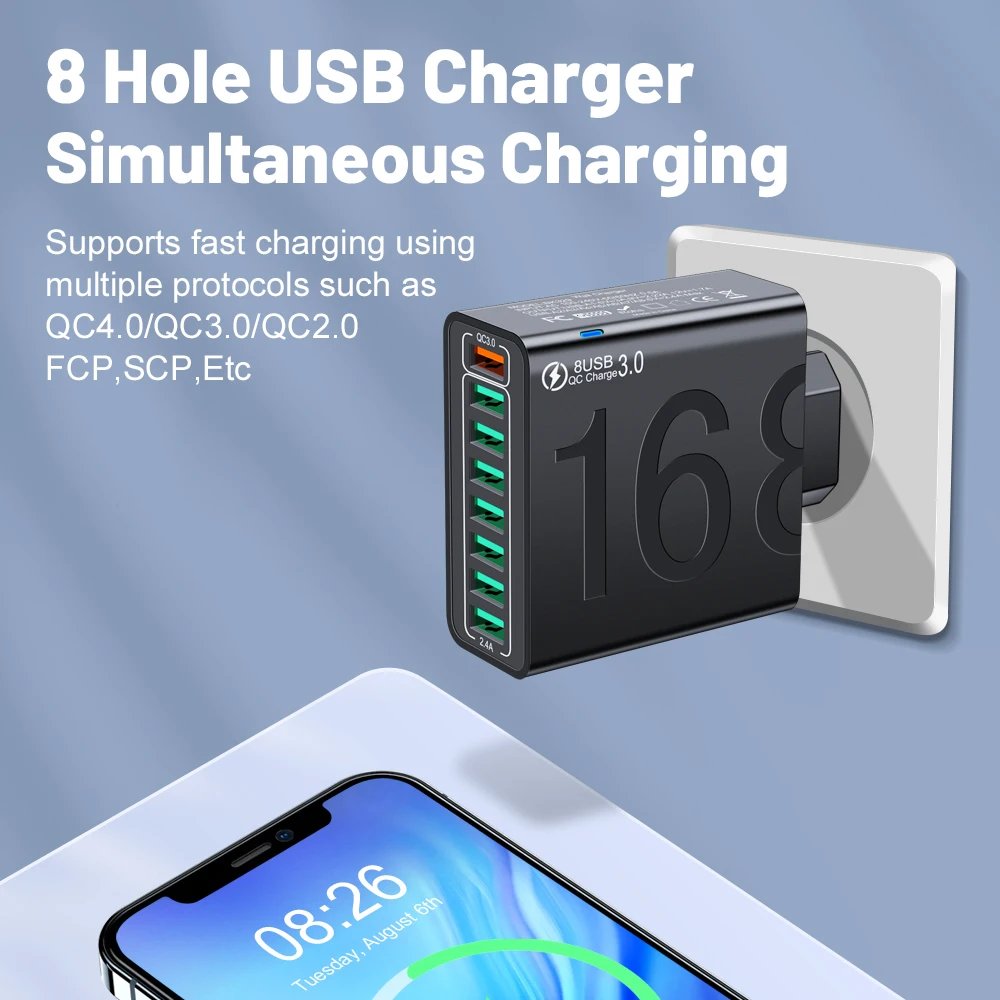 150W Multi Ports USB Charger Fast Charging EU/US Plug Phone Charger Adapter For iPhone Samsung Xiaomi Quick Charge Wall Charger
