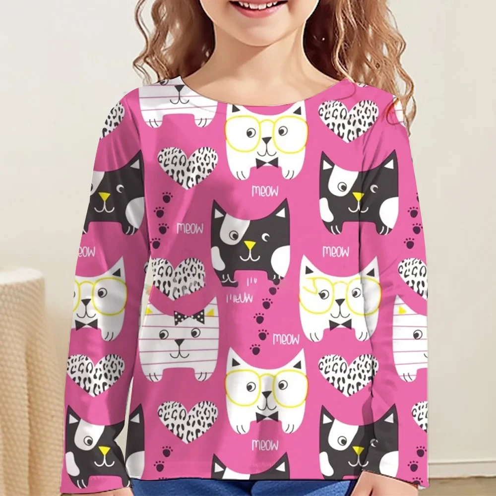 Girl Clothes Girl T-Shirt Kawail Animals Cats Print Long Sleeve Kids Autumn Clothes Fashion Casual Boy Girl Cute Round Neck Tops